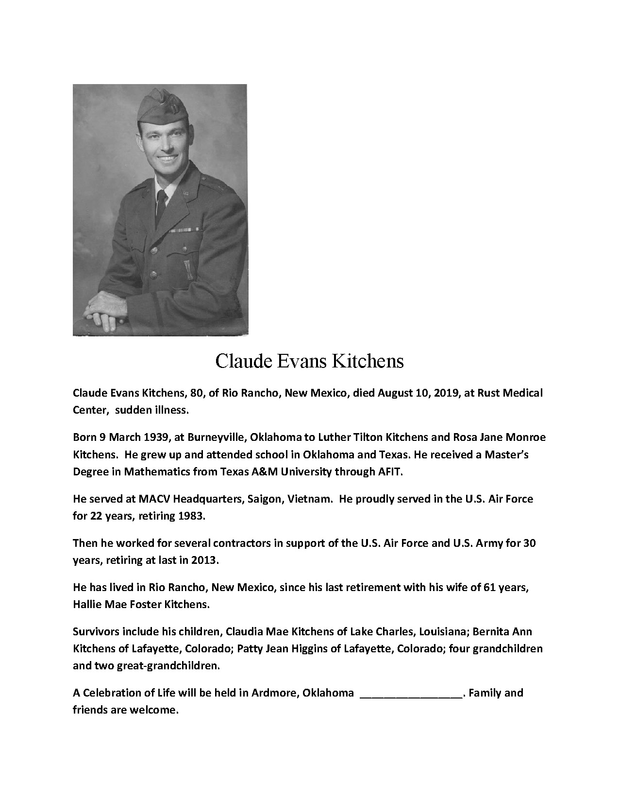 Claude Kitchens Obituary Photo 1